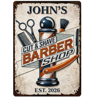 Cut & Shaved Barber Shop With Barber Pole And Scissors - Personalized Metal Sign - JBS046_MSIGN