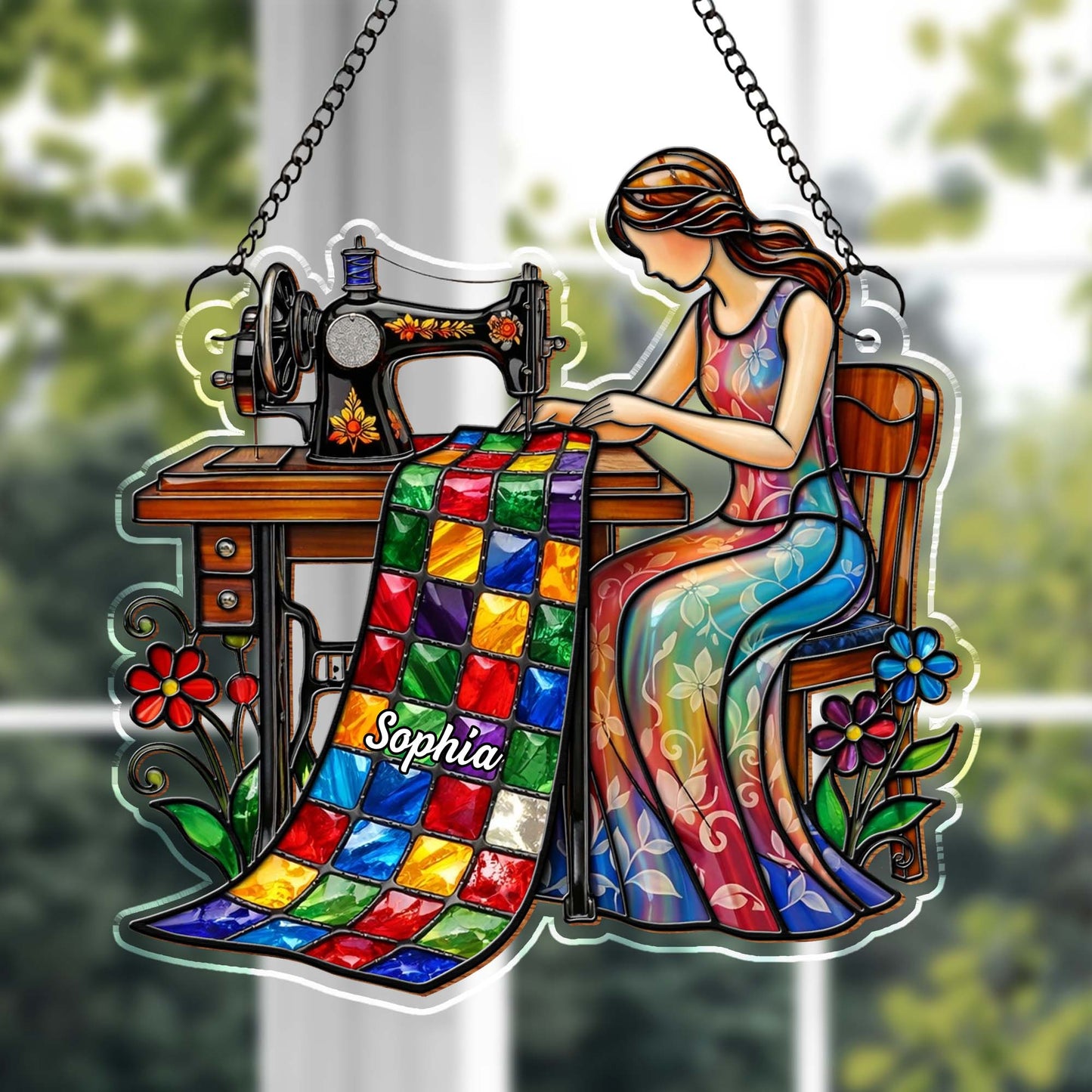 Woman Sewing Colorful Quilt Artwork - Personalized Custom Suncatcher - JBS066_CSUN