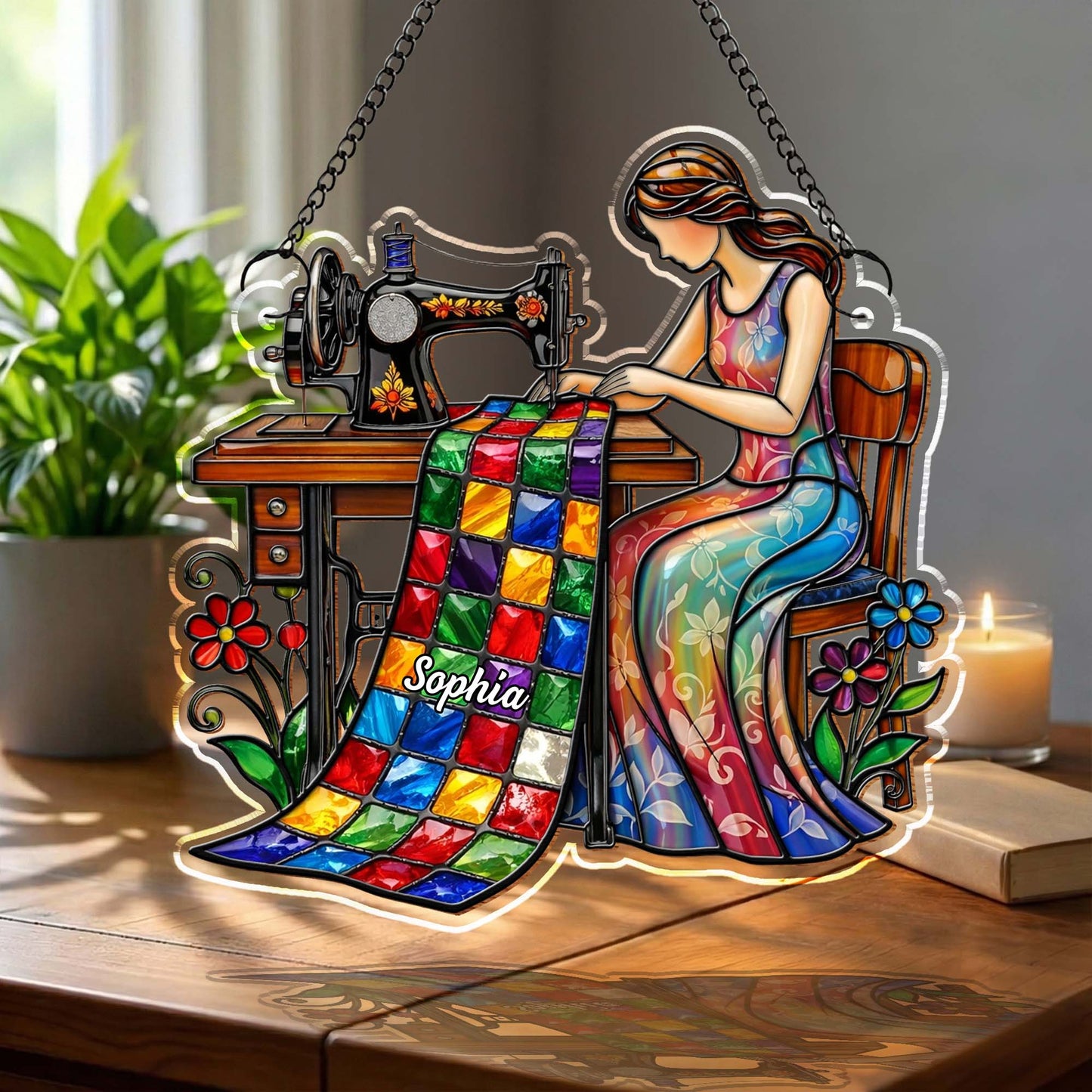 Woman Sewing Colorful Quilt Artwork - Personalized Custom Suncatcher - JBS066_CSUN