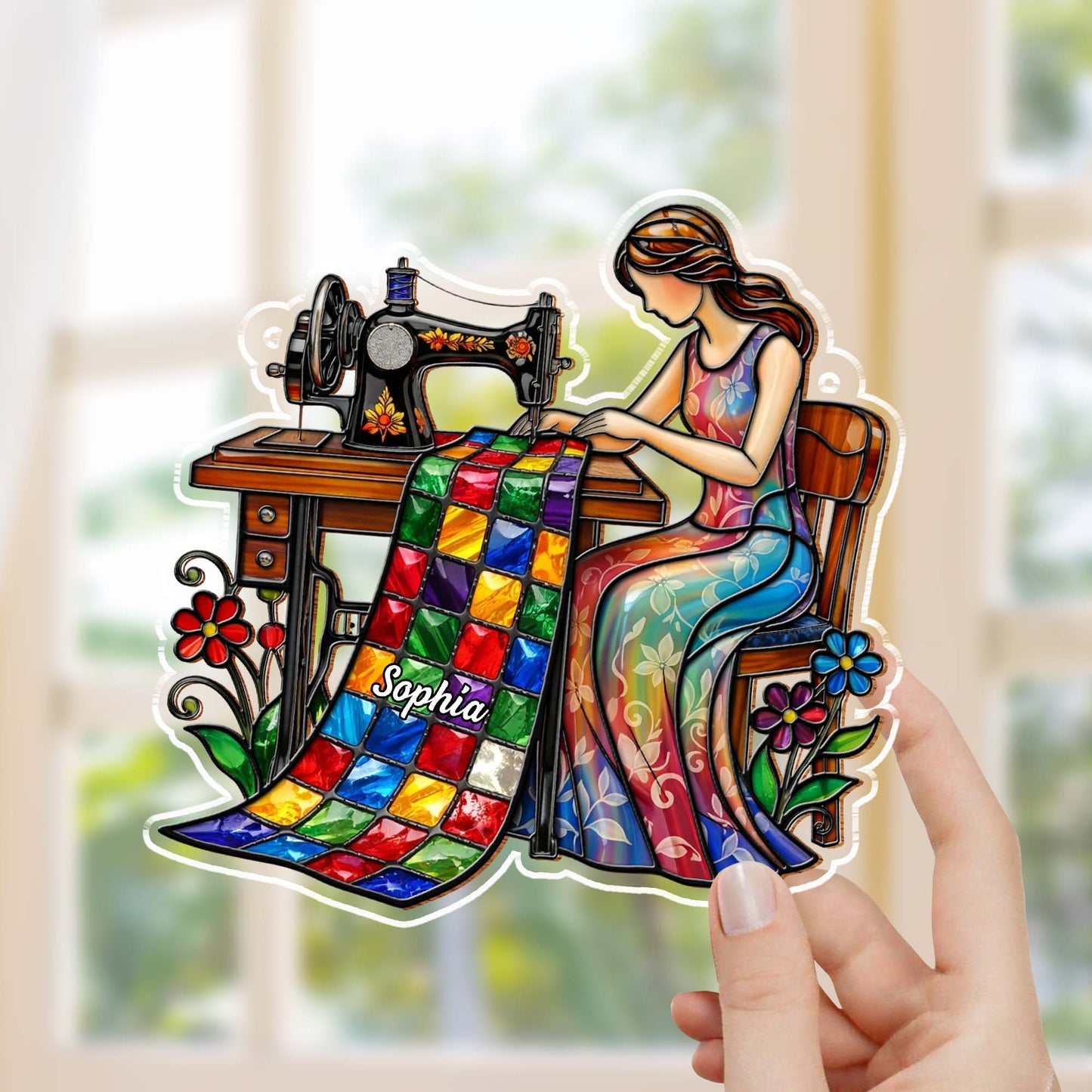 Woman Sewing Colorful Quilt Artwork - Personalized Custom Suncatcher - JBS066_CSUN