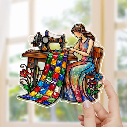Woman Sewing Colorful Quilt Artwork - Personalized Custom Suncatcher - JBS066_CSUN