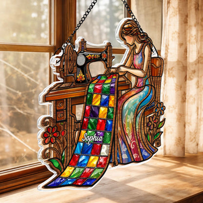 Woman Sewing Colorful Quilt Artwork - Personalized Custom Suncatcher - JBS066_CSUN