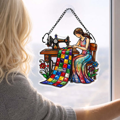 Woman Sewing Colorful Quilt Artwork - Personalized Custom Suncatcher - JBS066_CSUN