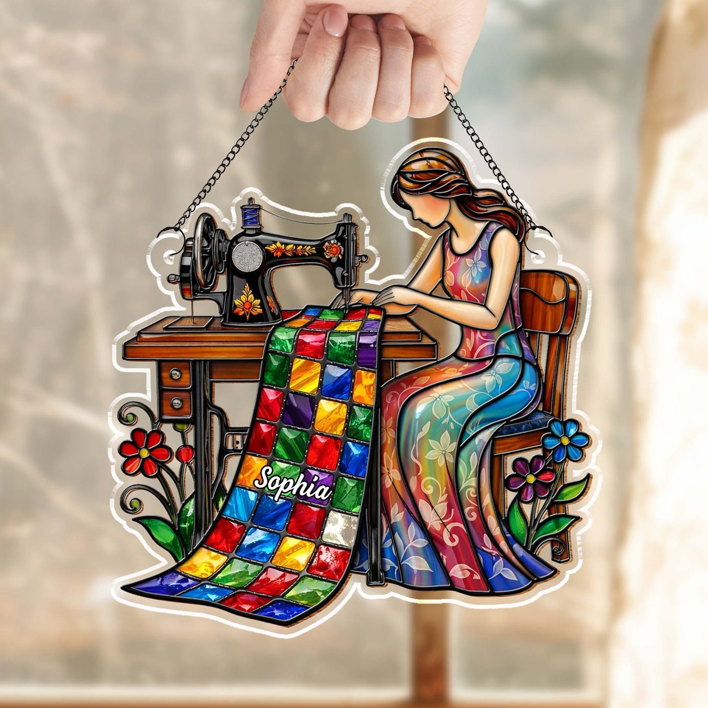 Woman Sewing Colorful Quilt Artwork - Personalized Custom Suncatcher - JBS066_CSUN