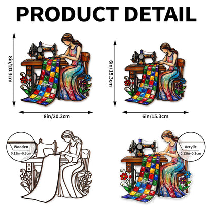 Woman Sewing Colorful Quilt Artwork - Personalized Custom Suncatcher - JBS066_CSUN