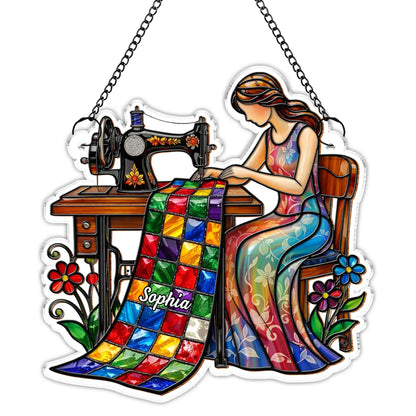 Woman Sewing Colorful Quilt Artwork - Personalized Custom Suncatcher - JBS066_CSUN