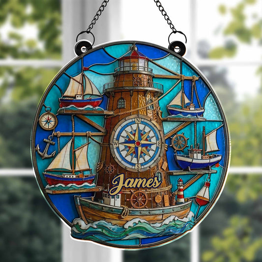 Nautical Compass Lighthouse and Sailboats