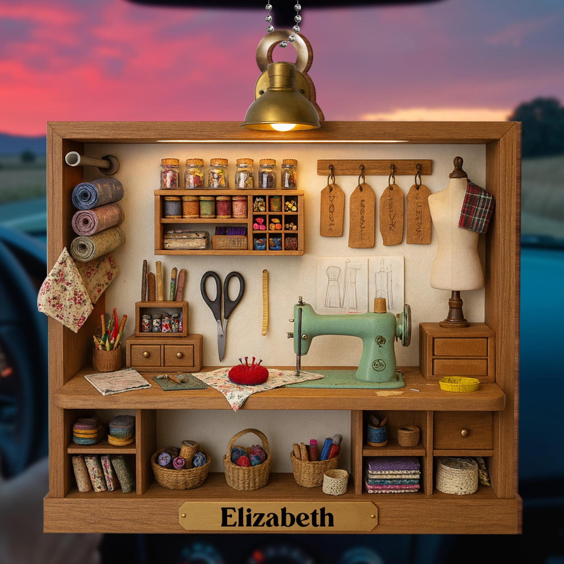 Custom Name, Sewing Machine, Scissors, and Fabric Rolls