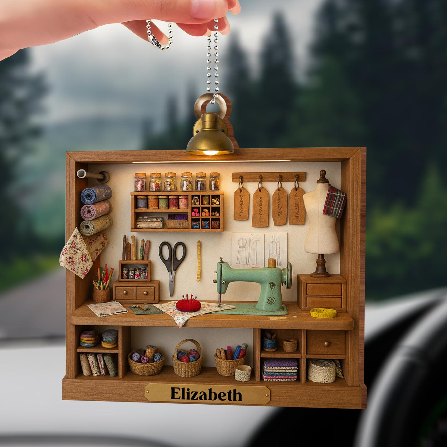 Custom Name, Sewing Machine, Scissors, and Fabric Rolls