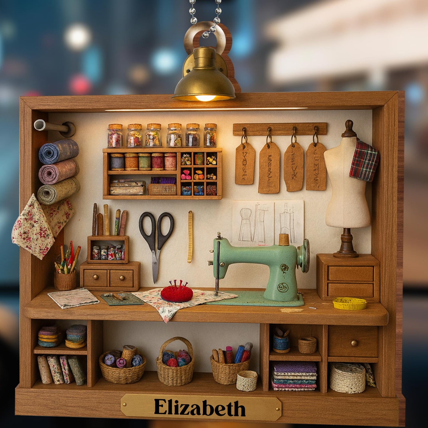 Custom Name, Sewing Machine, Scissors, and Fabric Rolls