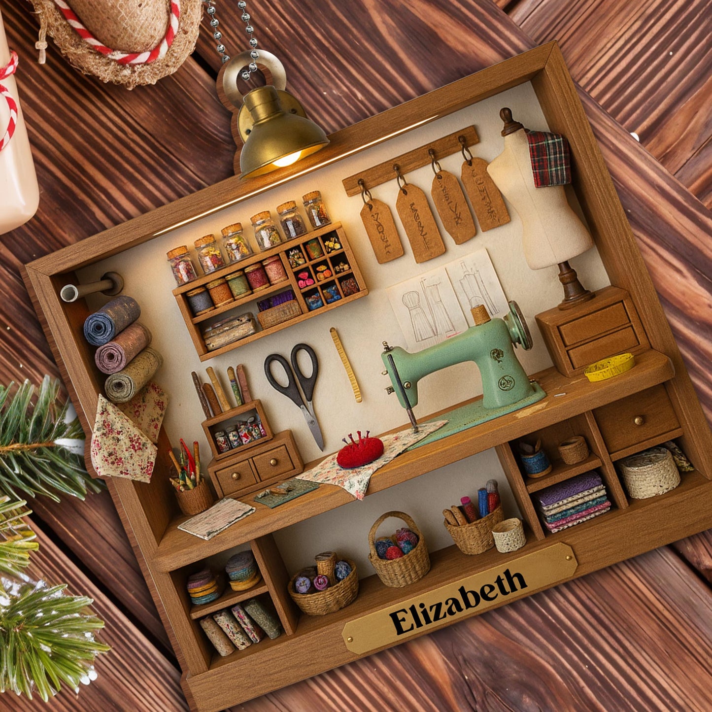 Custom Name, Sewing Machine, Scissors, and Fabric Rolls