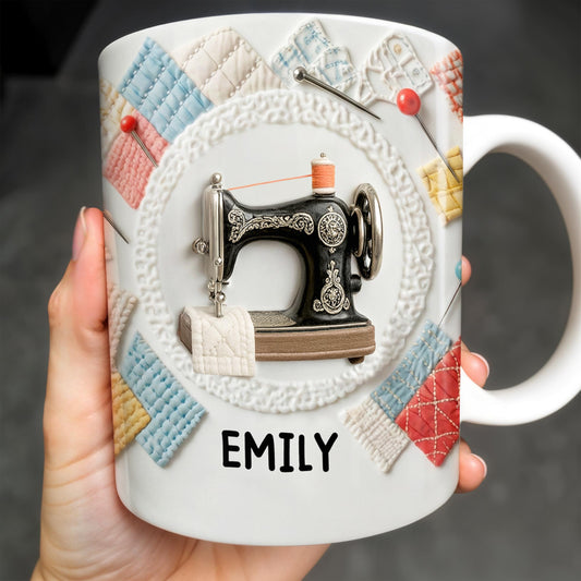 Vintage Sewing Machine and Colorful Quilt Design - Personalized Custom Coffee Mug - JBS078_MG