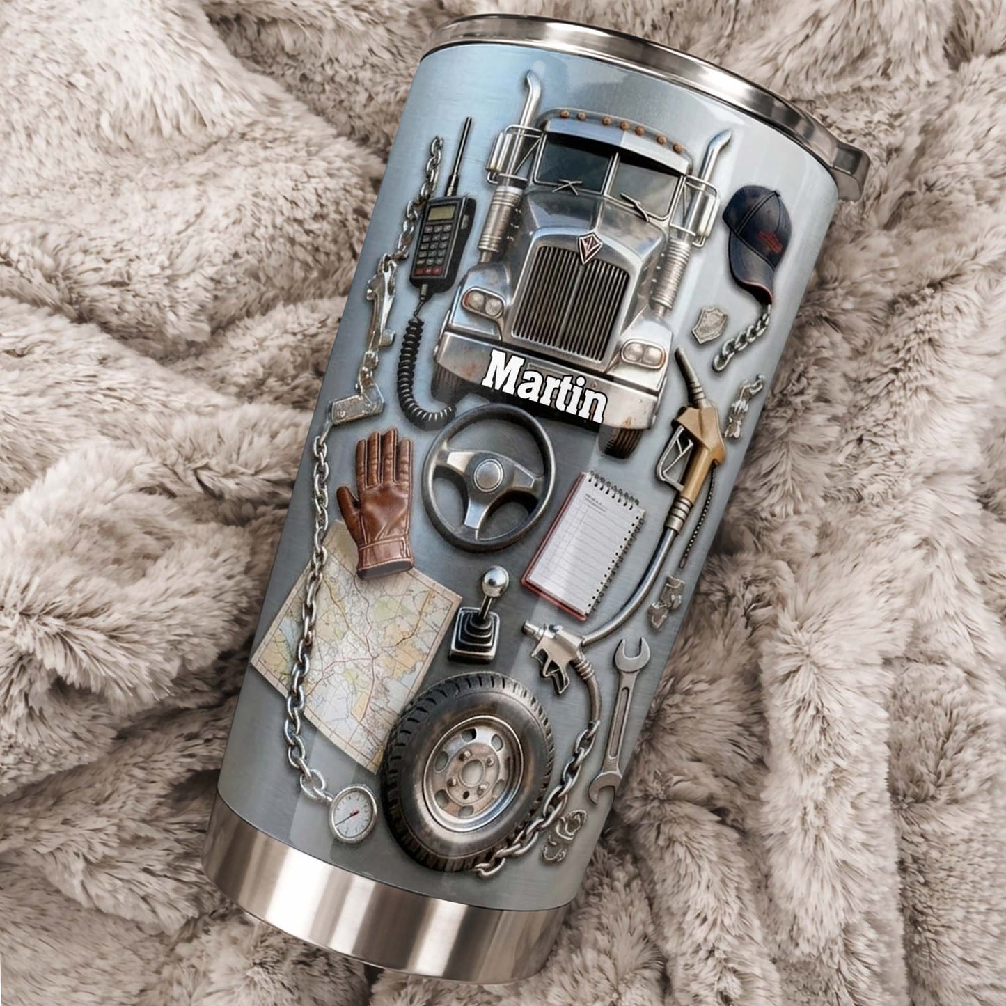 Custom Designed Tumbler With Truck And Tools