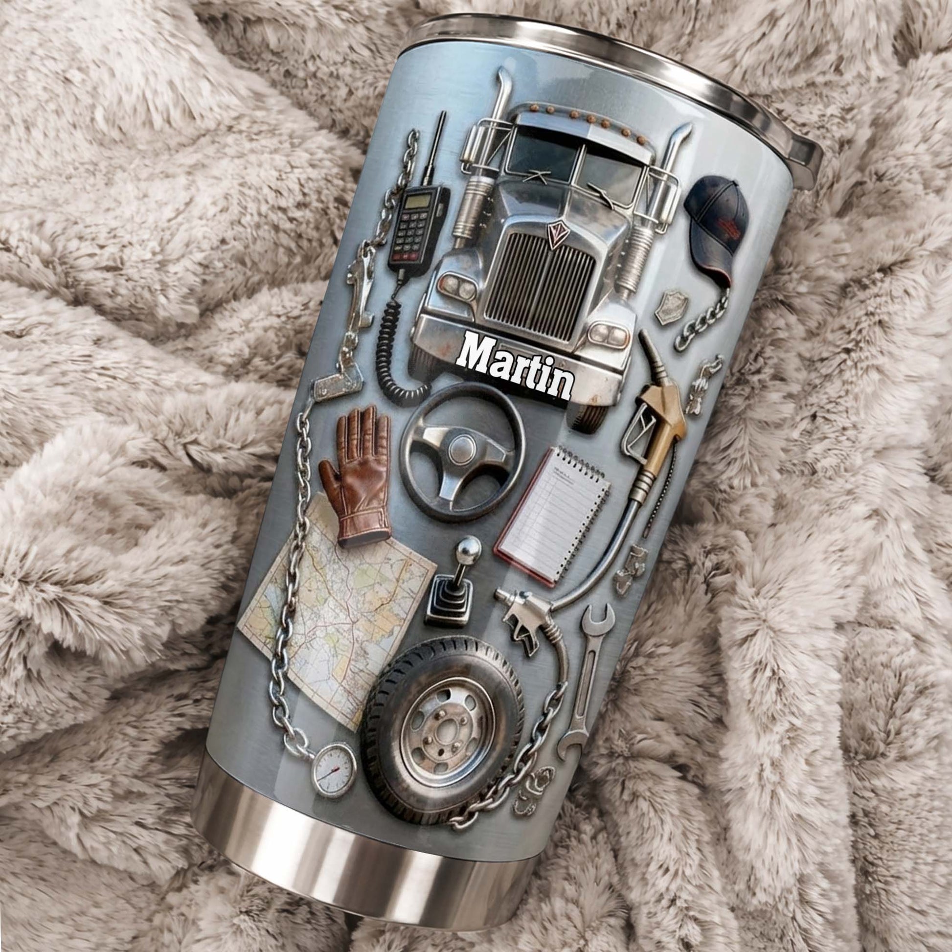 Custom Designed Tumbler With Truck And Tools