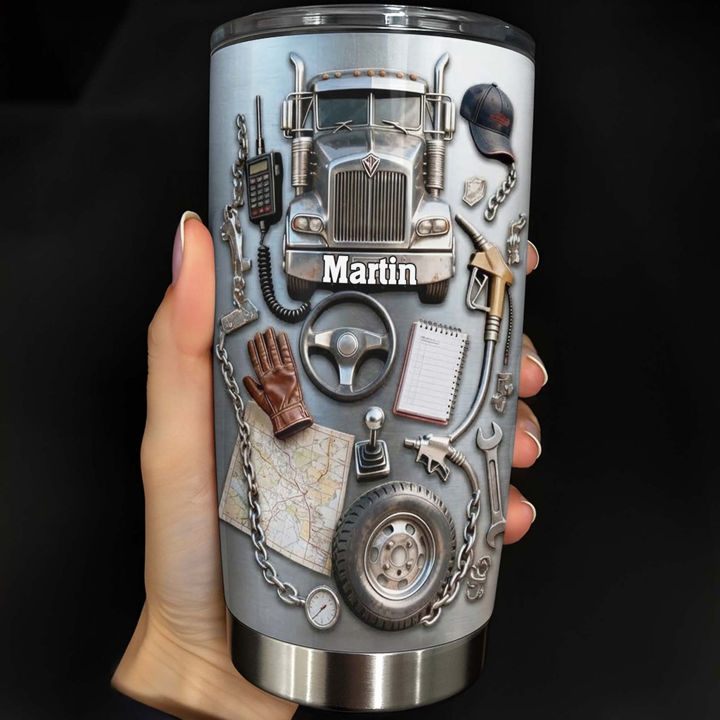 Custom Designed Tumbler With Truck And Tools