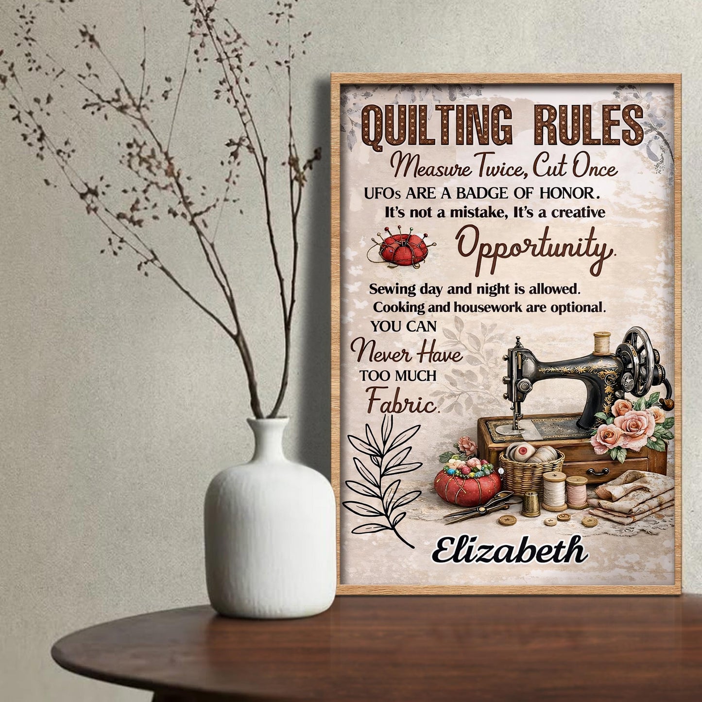 Quilting Rules Measure Twice Cut Once Vintage Sewing Machine And Fabric