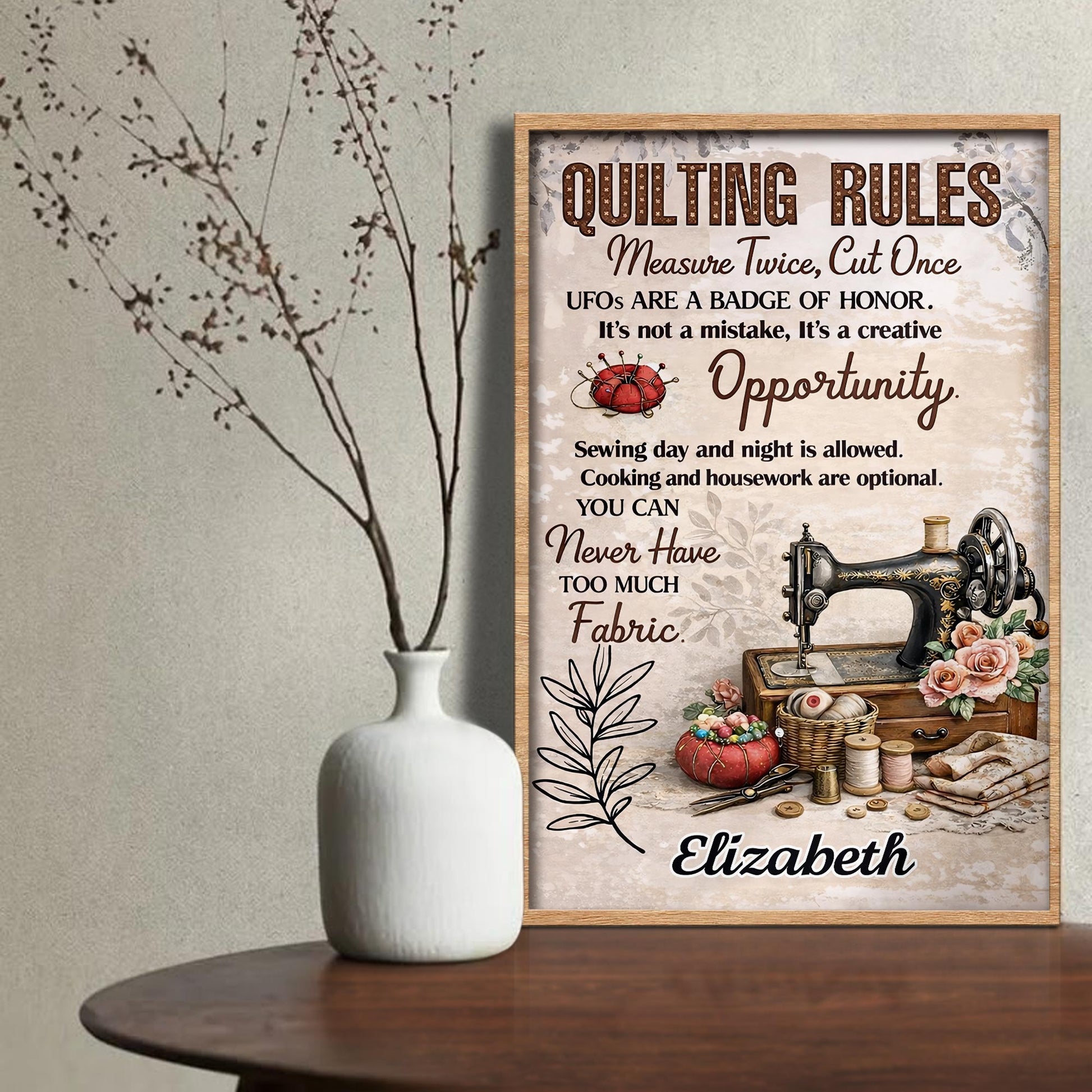 Quilting Rules Measure Twice Cut Once Vintage Sewing Machine And Fabric