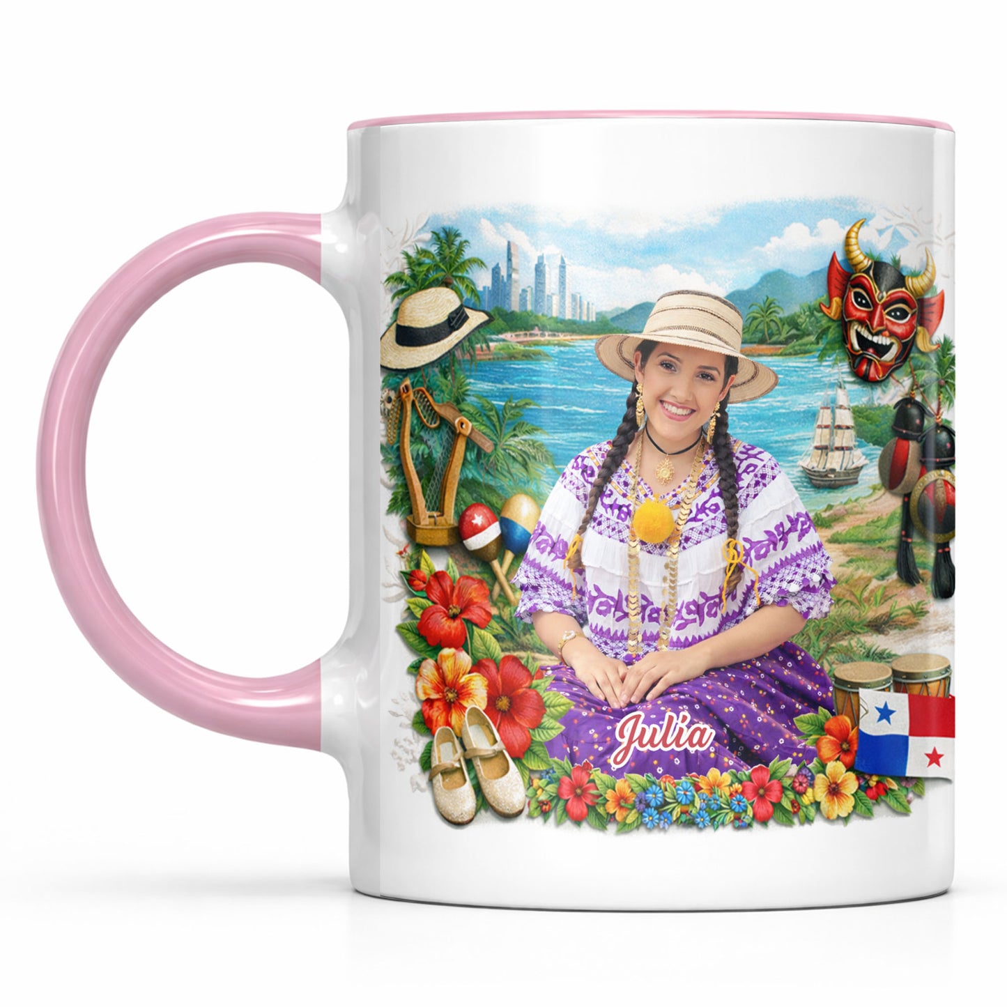 Beautiful Panamanian Heritage Woman In Traditional Pollera Dress And Panama Flag