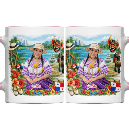 Beautiful Panamanian Heritage Woman In Traditional Pollera Dress And Panama Flag