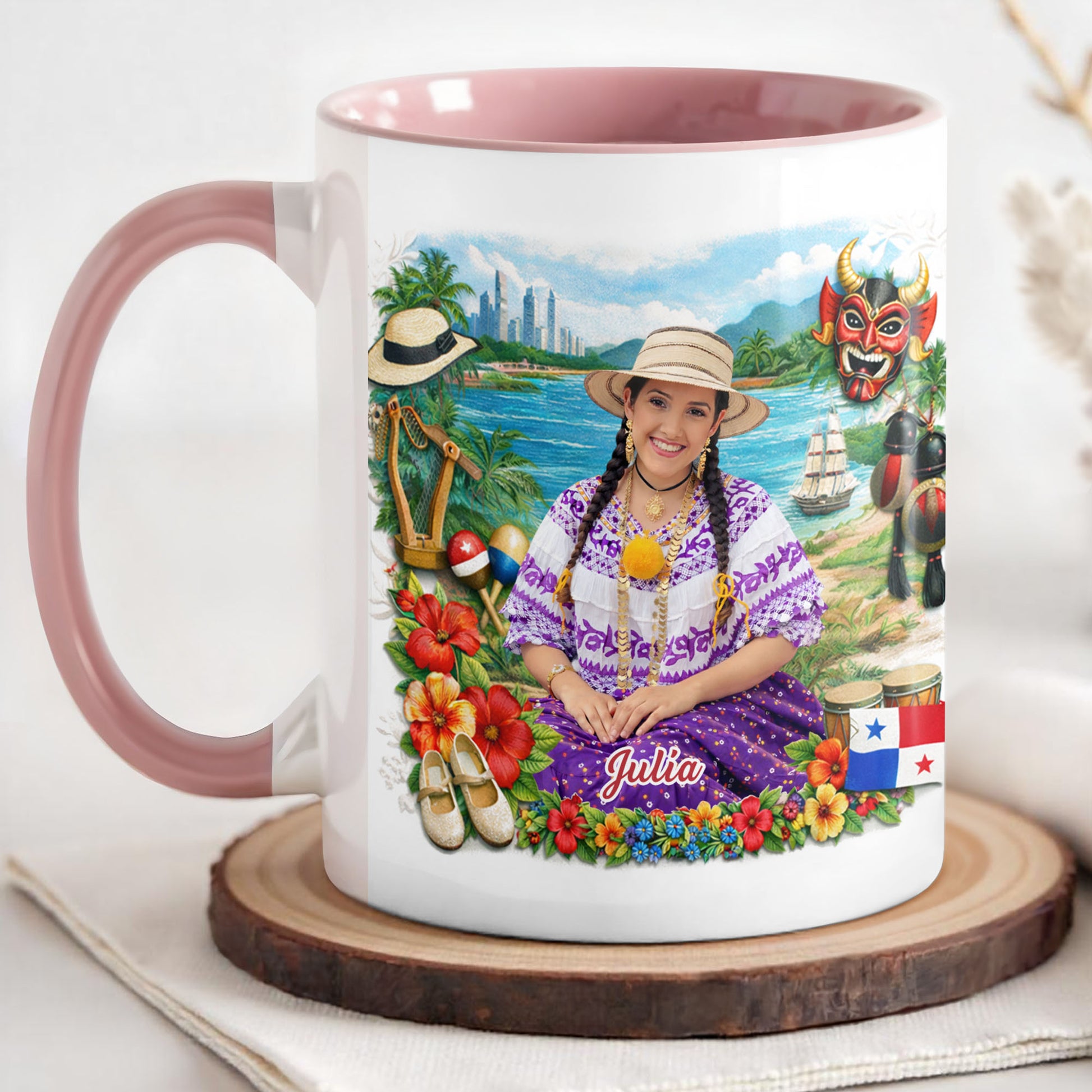 Beautiful Panamanian Heritage Woman In Traditional Pollera Dress And Panama Flag