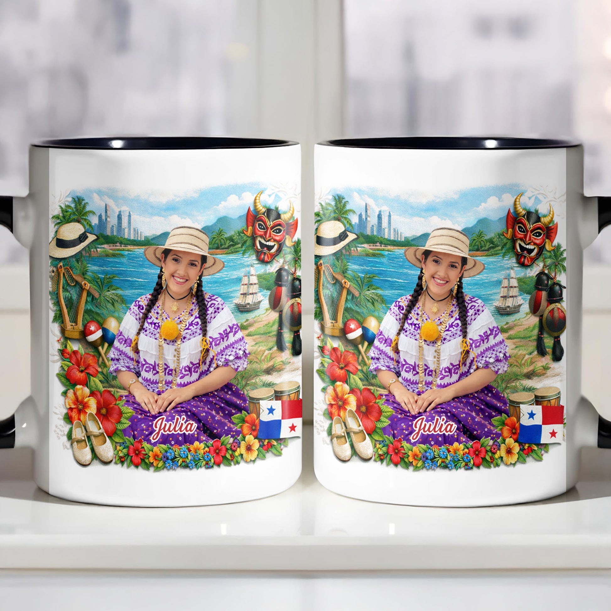 Beautiful Panamanian Heritage Woman In Traditional Pollera Dress And Panama Flag