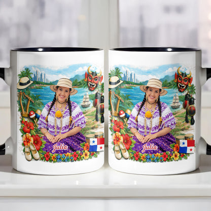Beautiful Panamanian Heritage Woman In Traditional Pollera Dress And Panama Flag