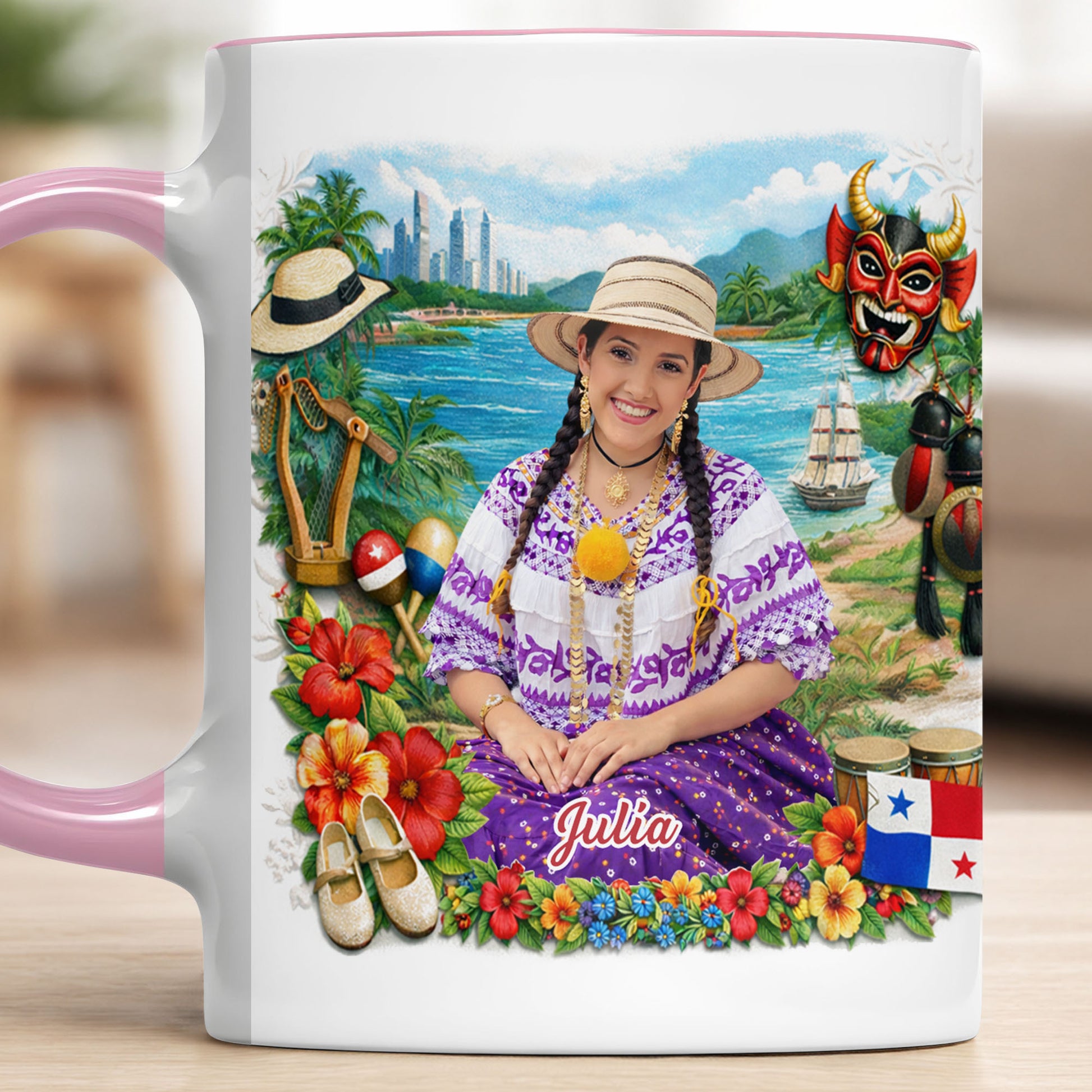 Beautiful Panamanian Heritage Woman In Traditional Pollera Dress And Panama Flag