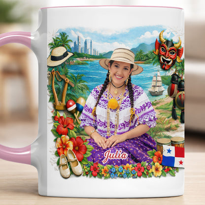 Beautiful Panamanian Heritage Woman In Traditional Pollera Dress And Panama Flag
