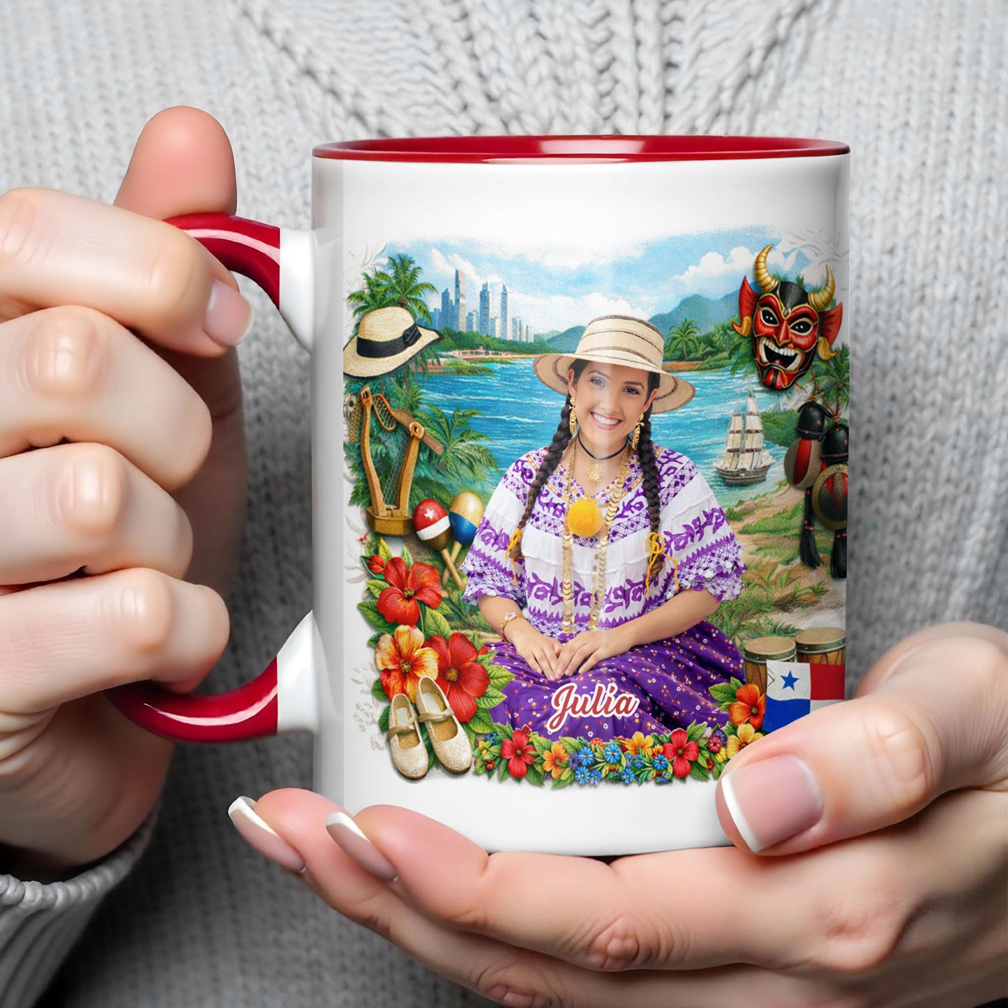 Beautiful Panamanian Heritage Woman In Traditional Pollera Dress And Panama Flag