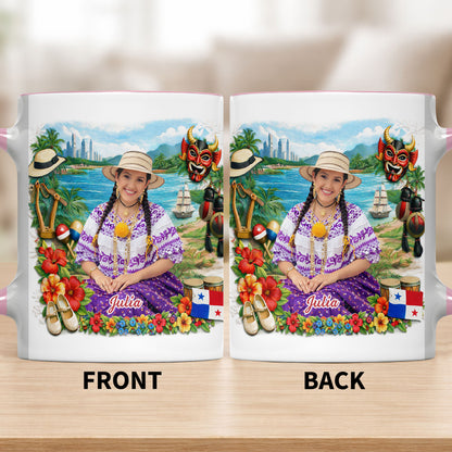 Beautiful Panamanian Heritage Woman In Traditional Pollera Dress And Panama Flag