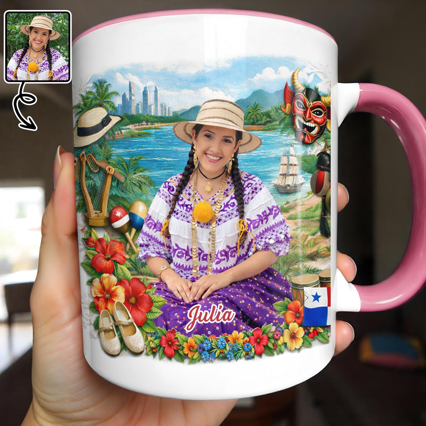 Beautiful Panamanian Heritage Woman In Traditional Pollera Dress And Panama Flag
