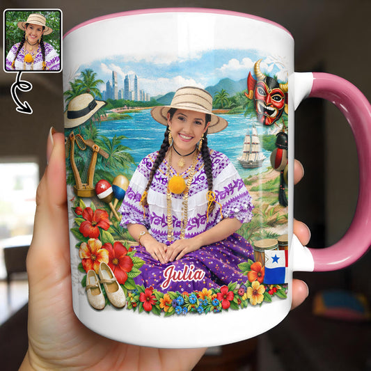 Beautiful Panamanian Heritage Woman In Traditional Pollera Dress And Panama Flag