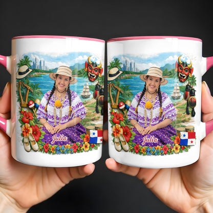 Beautiful Panamanian Heritage Woman In Traditional Pollera Dress And Panama Flag