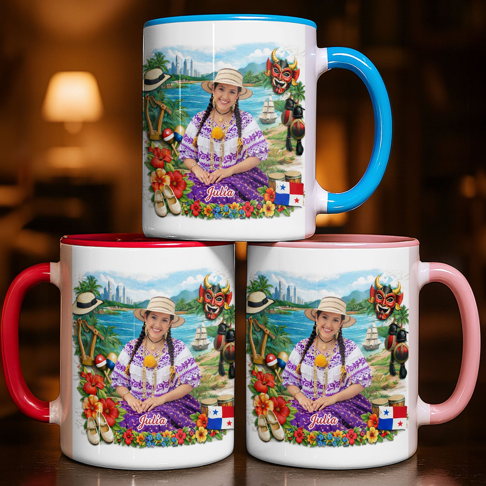 Beautiful Panamanian Heritage Woman In Traditional Pollera Dress And Panama Flag