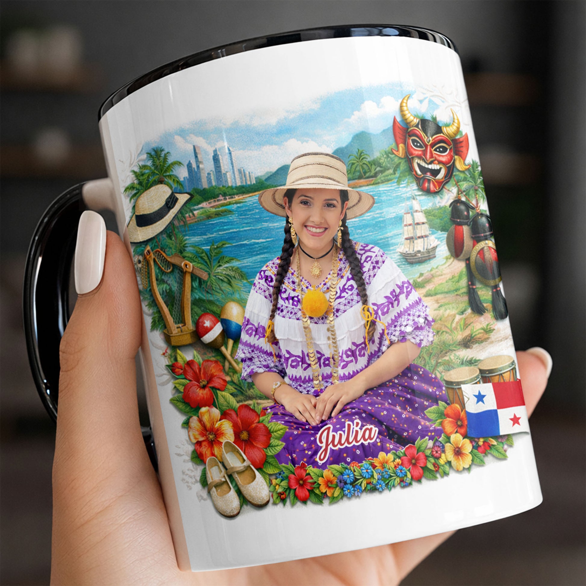 Beautiful Panamanian Heritage Woman In Traditional Pollera Dress And Panama Flag