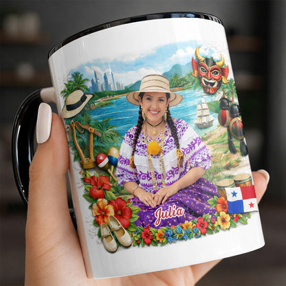 Beautiful Panamanian Heritage Woman In Traditional Pollera Dress And Panama Flag