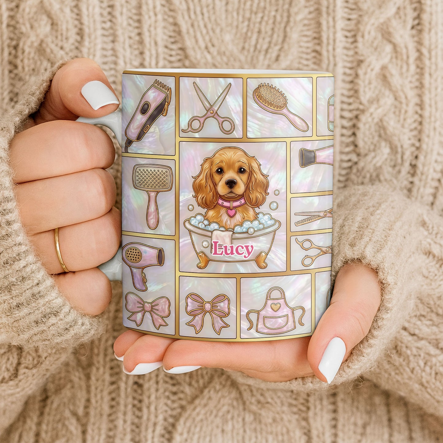 Dog Groomer, Cute Puppy In Bathtub With Scissors