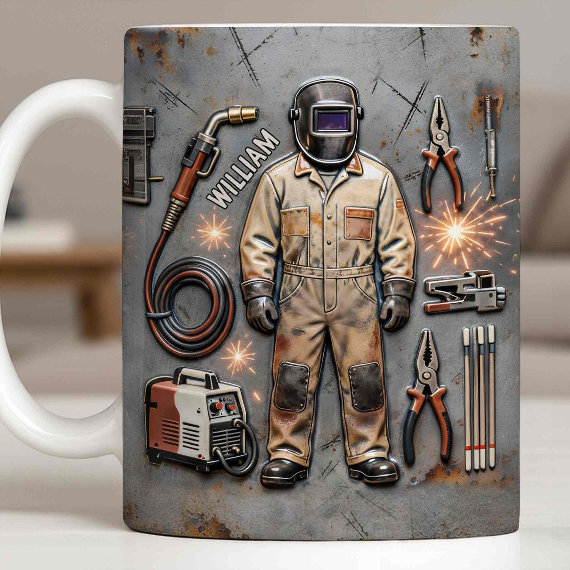 Hardworking Welder At Service With Welding Tools And Gear