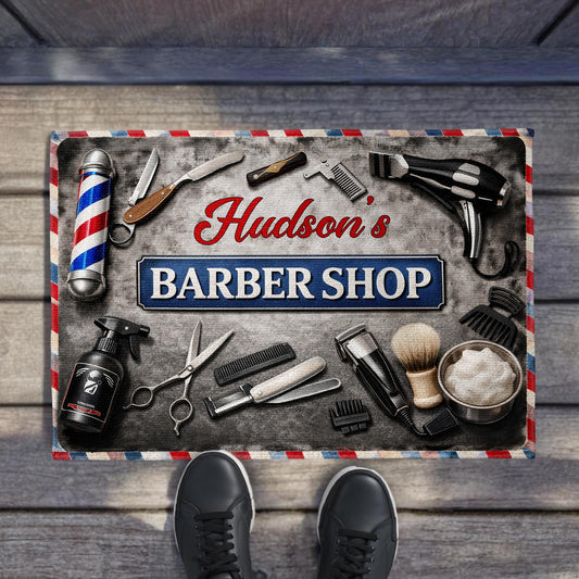 Barber Shop With Professional Tools And Barber Pole Design - Personalized Custom Doormat - JBS165_DRM