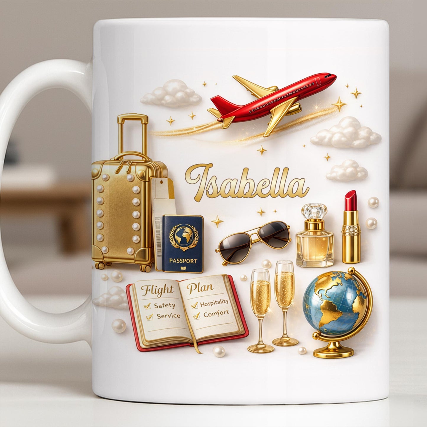 Flight Plan Safety Service Comfort With Airplane and Travel Essentials - Personalized Custom Coffee Mug - JBS235_MG