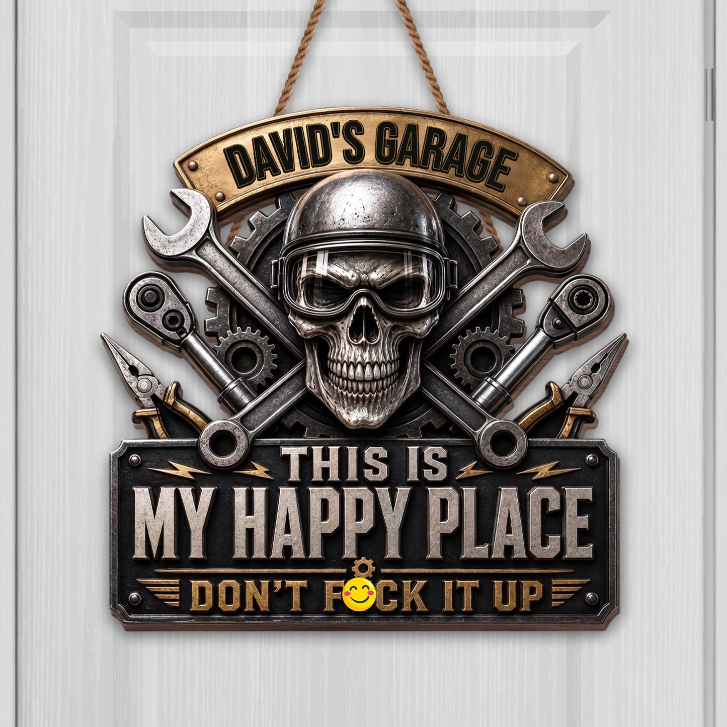 My Garage This Is My Happy Place Skull And Wrenches - Personalized Custom Shaped Wood Sign - JBS358_WSIGN