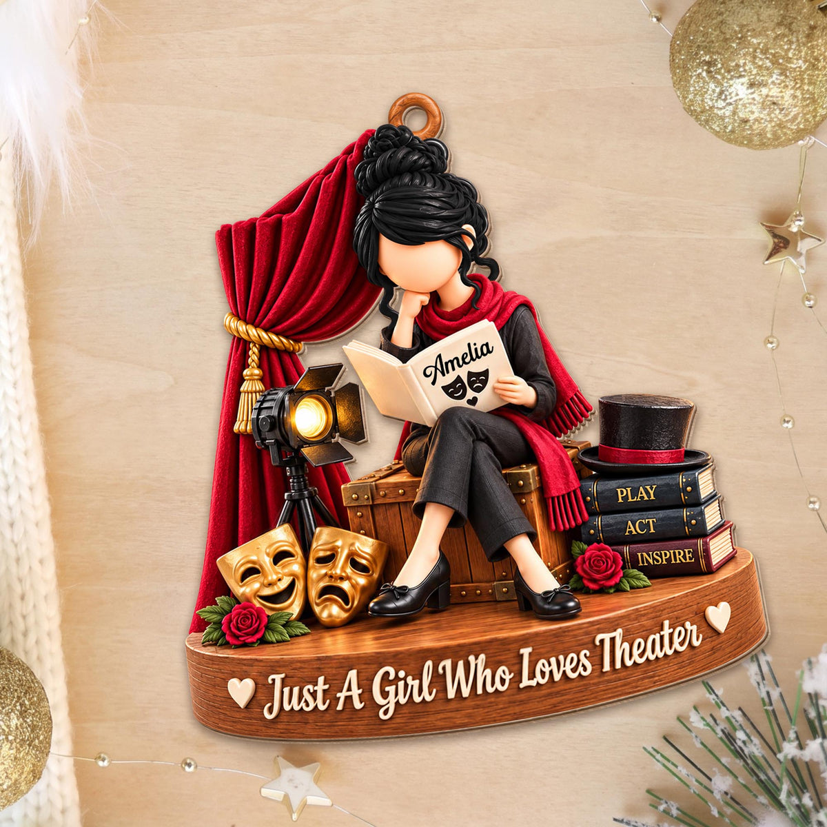 Just A Girl Who Loves Theater Drama Masks Red Curtain - Personalized Custom Wood Ornament, Custom Shaped - JBS401_WDO