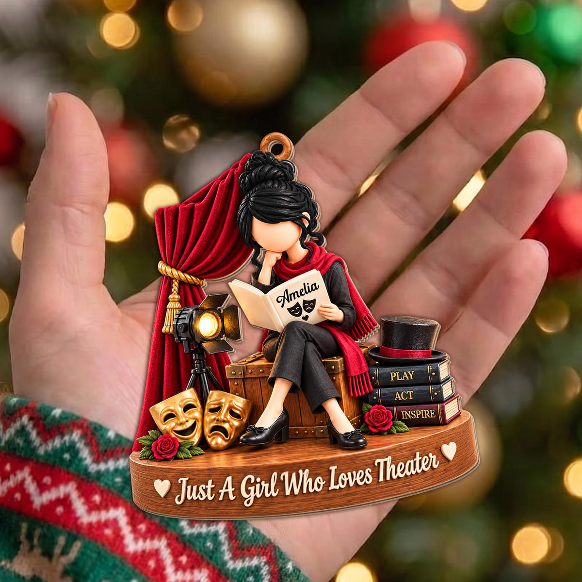 Just A Girl Who Loves Theater Drama Masks Red Curtain - Personalized Custom Wood Ornament, Custom Shaped - JBS401_WDO