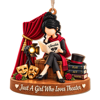 Just A Girl Who Loves Theater Drama Masks Red Curtain - Personalized Custom Wood Ornament, Custom Shaped - JBS401_WDO