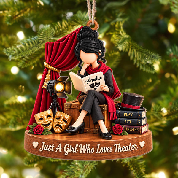 Just A Girl Who Loves Theater Drama Masks Red Curtain - Personalized Custom Wood Ornament, Custom Shaped - JBS401_WDO