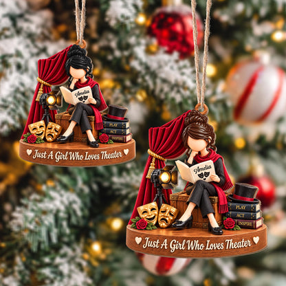 Just A Girl Who Loves Theater Drama Masks Red Curtain - Personalized Custom Wood Ornament, Custom Shaped - JBS401_WDO