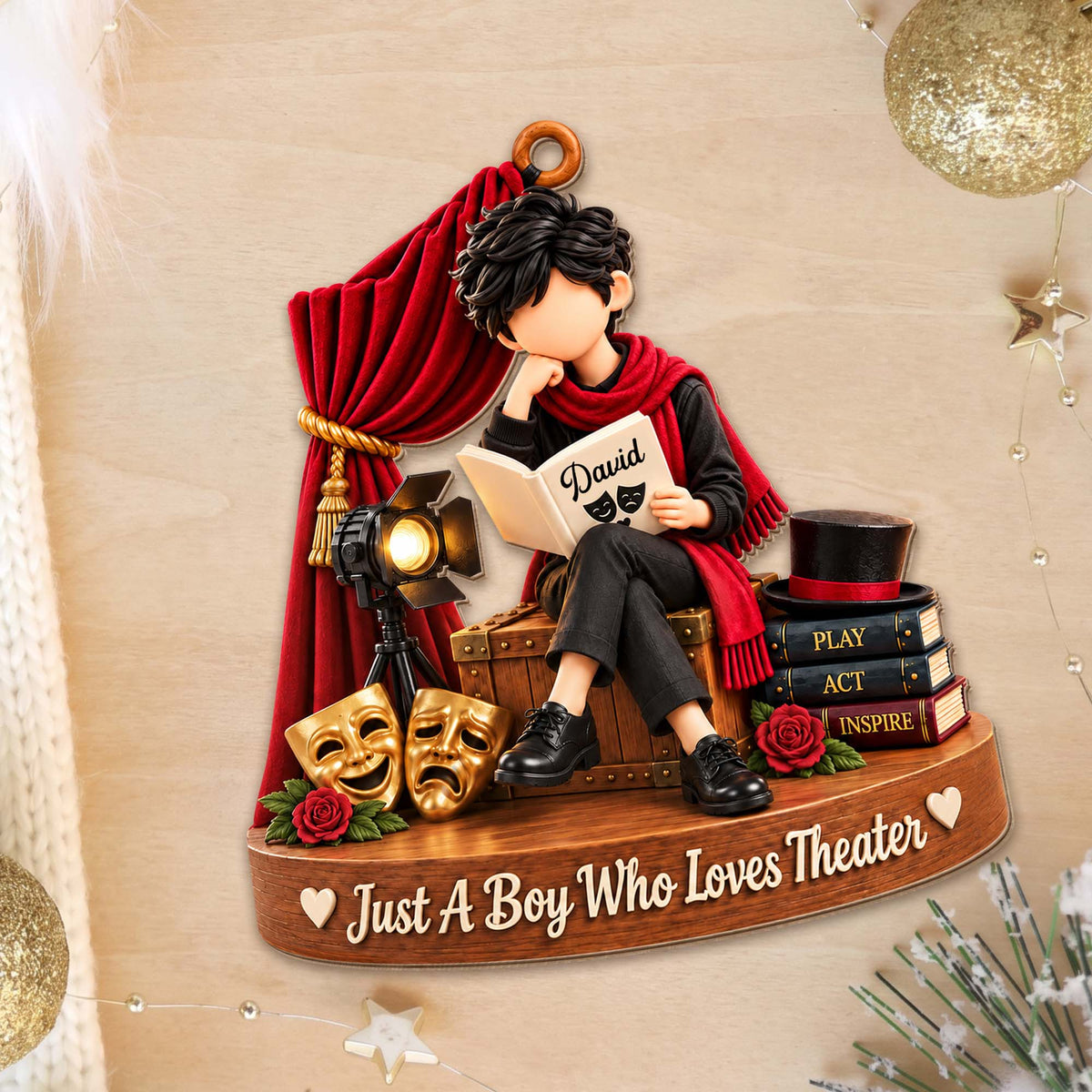 Just A Boy Who Loves Theater With Masks And Spotlight - Personalized Custom Wood Ornament, Custom Shaped - JBS431_WDO