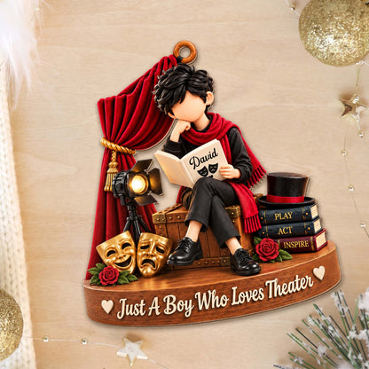 Just A Boy Who Loves Theater With Masks And Spotlight - Personalized Custom Wood Ornament, Custom Shaped - JBS431_WDO