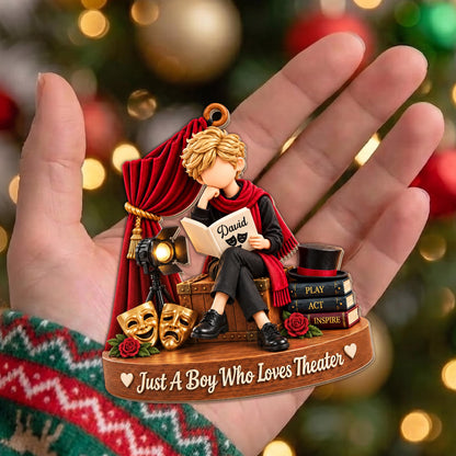 Just A Boy Who Loves Theater With Masks And Spotlight - Personalized Custom Wood Ornament, Custom Shaped - JBS431_WDO