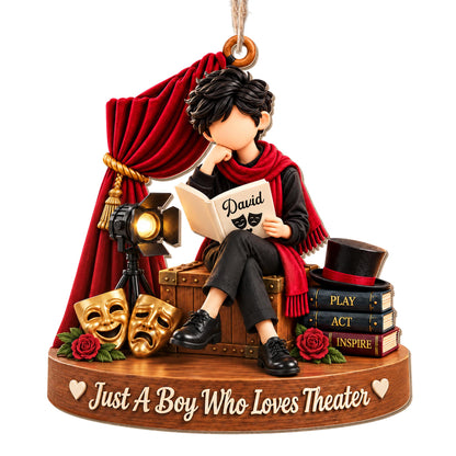 Just A Boy Who Loves Theater With Masks And Spotlight - Personalized Custom Wood Ornament, Custom Shaped - JBS431_WDO